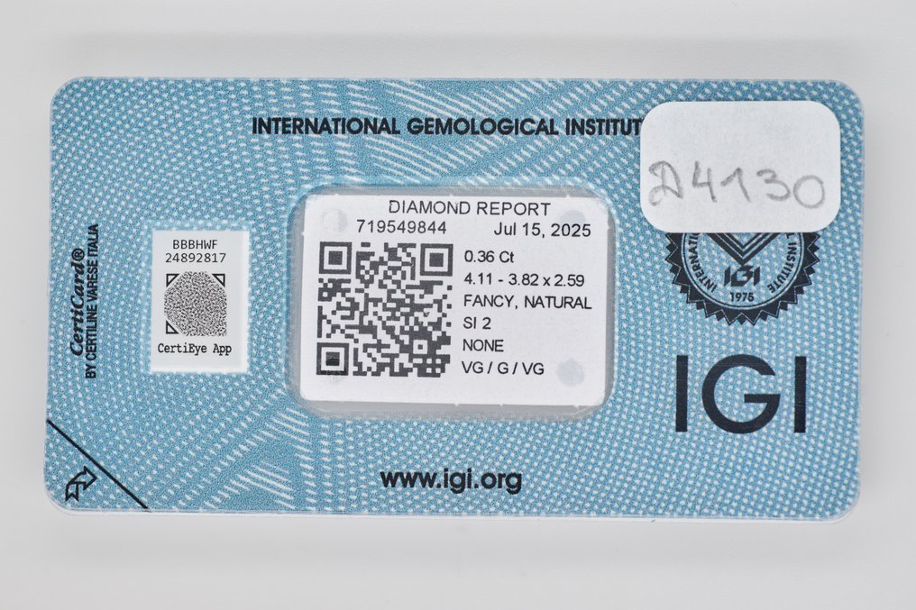 没有保留价 - 1 pcs 钻石 (天然) - 0.36 ct - 矩形 - SI2 微内含二级 - 国际宝石研究院(IGI) #3.2