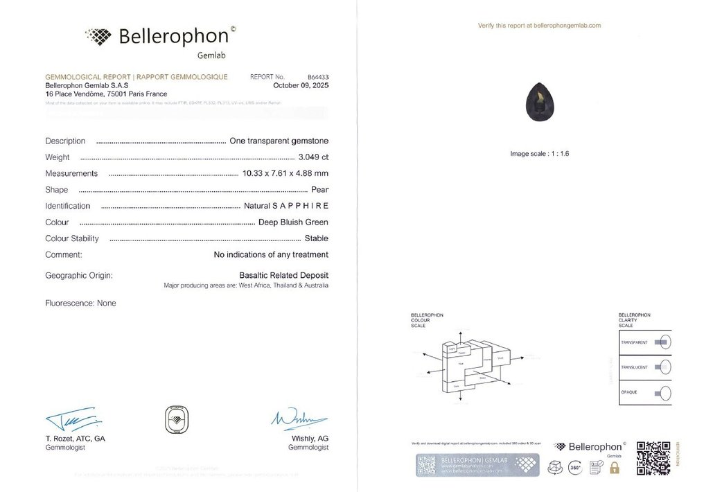 Sans prix de réserve Saphir - 3.04 ct - Bellerophon Gemlab - Vert bluâtre profond #4.3