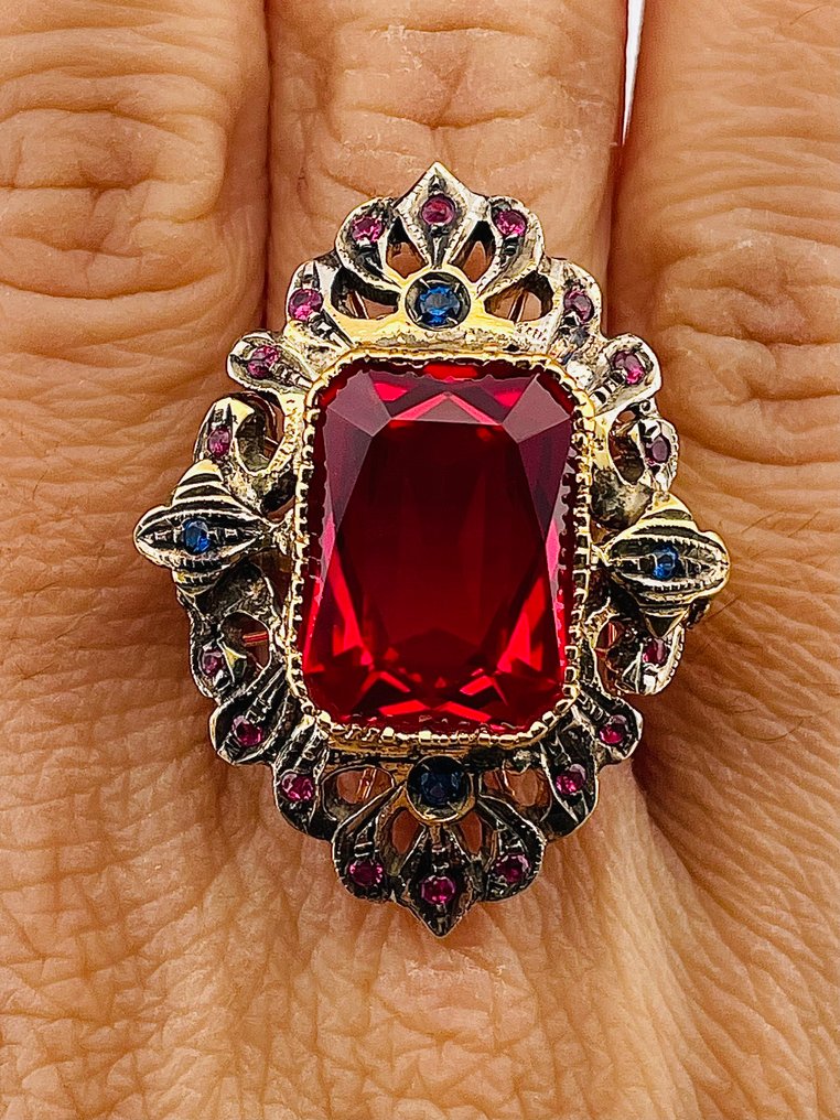 χωρίς τιμή ασφαλείας - Δαχτυλίδι - 9 kt. Κίτρινο χρυσό, Ασημί Ρουμπίνι - Ζαφείρι #3.2