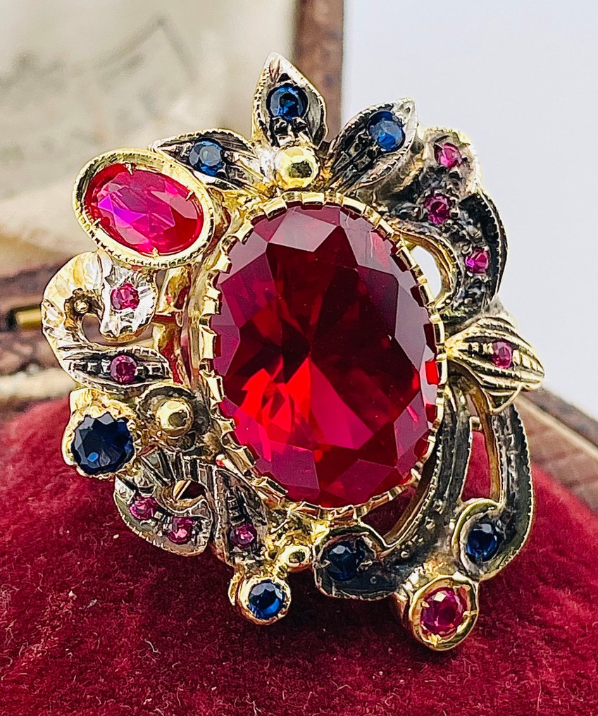 没有保留价 - 戒指 - 9 kt. 黄金, 银 红宝石 - 蓝宝石 #1.0