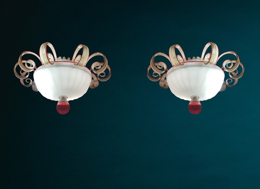 枝形吊灯 (2) - 穆拉诺玻璃, 乳白色玻璃 - 布拉摩拉诺吊灯 #1.0