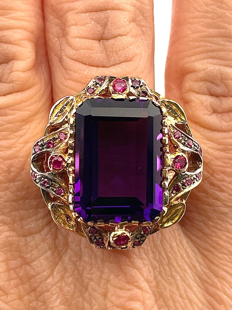 Fără preț de rezervă - Inel - 9 kt. Aur galben, Argint Ametist - Rubin #2.1