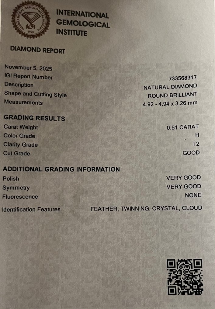 1 pcs 钻石  (天然)  - 0.51 ct - 圆形 - H - I2 内含二级 - 国际宝石研究院（IGI） #1.0
