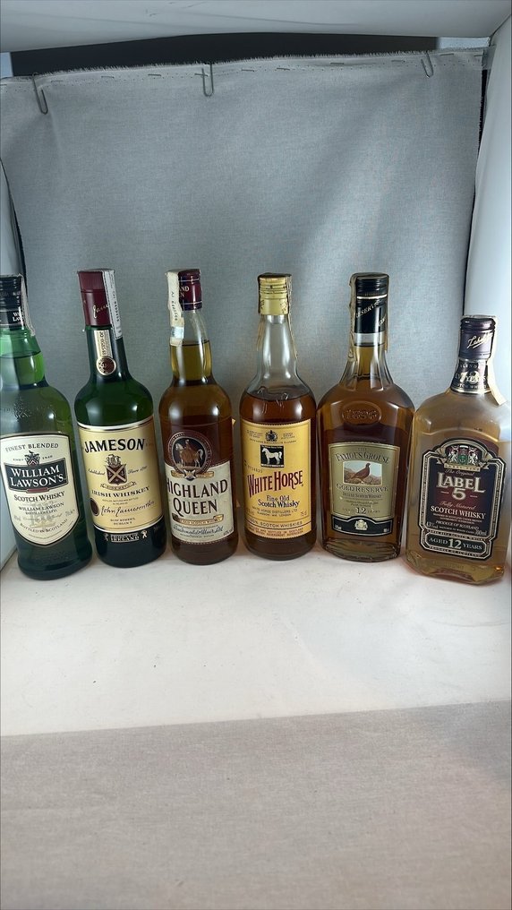 William Lawson's, Jameson, Highland Queen, White Horse, Famous Grouse, Label 5 - 70 cl, 75 cl - 6 flasker #2.1