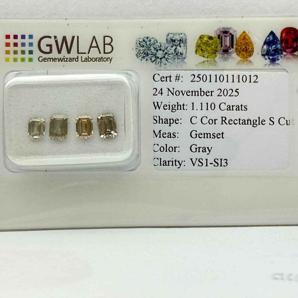 没有保留价 - 4 pcs 钻石  (天然色彩的)  - 1.11 ct - 矩形 灰色 - VS1 轻微内含一级, SI2 微内三含级, SI1 微内含一级, SI2 微内含二级 - Gemewizard宝石实验室（GWLab） #1.0