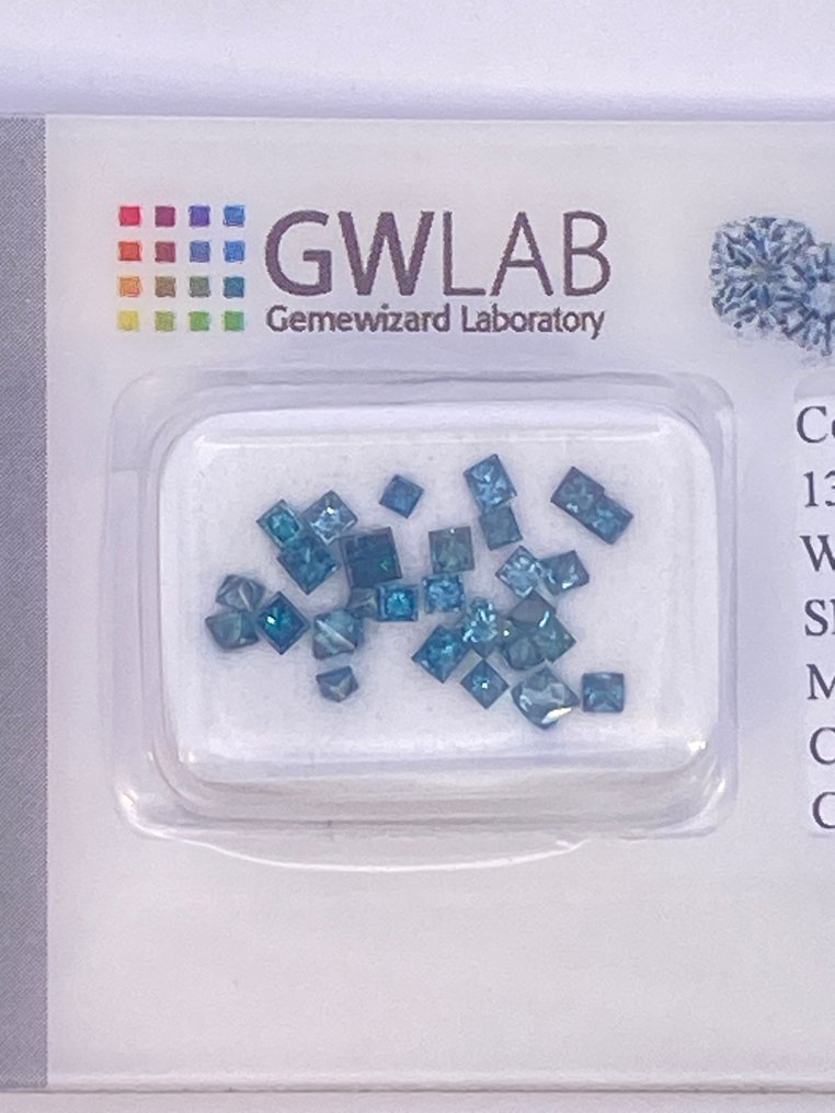 没有保留价 - 28 pcs 钻石 (经彩色处理) - 1.02 ct - 方形 蓝色, 绿色 蓝色, 绿色 - VS1 轻微内含一级, SI2 微内三含级 - Gemewizard宝石实验室(GWLab) #1.0