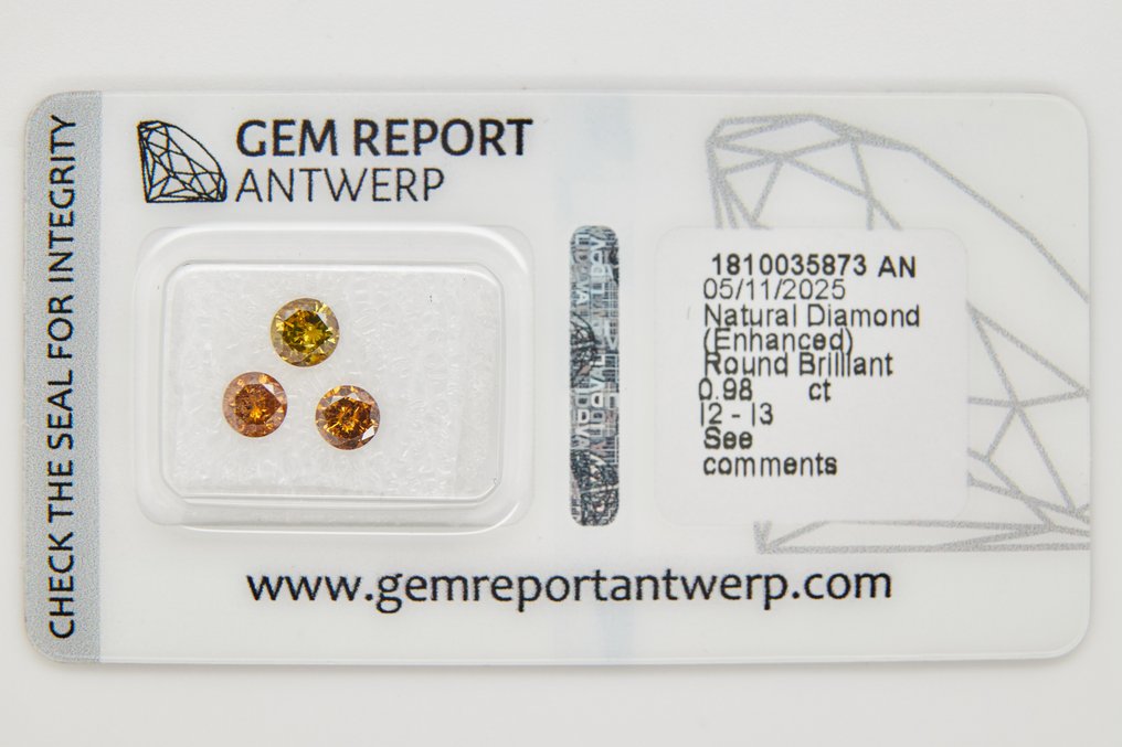没有保留价 - 3 pcs 钻石 (经彩色处理) - 0.98 ct - 圆形 - I2 内含二级, I3 - 安特卫普宝石报告(GRA) #1.0