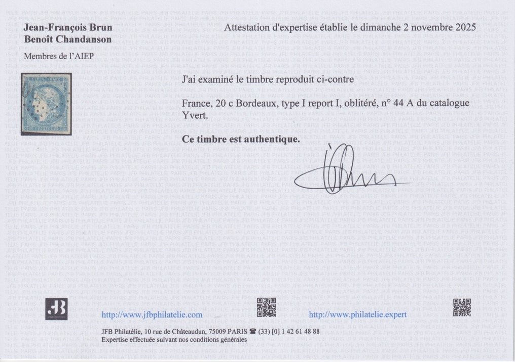 France 1870 - Bordeaux N° 44A, lightly canceled GC. Well-centered face, signed Brun and Calves. - Yvert #2.1