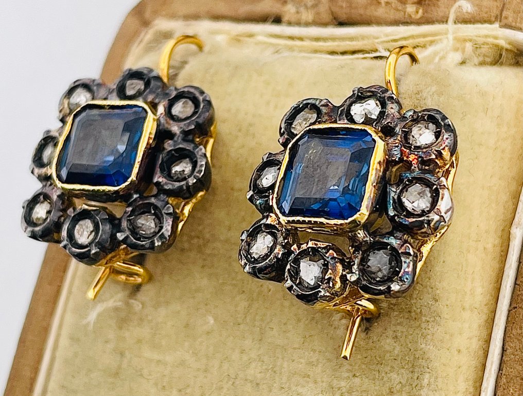 Sans Prix de Réserve - Boucles d'oreilles - 9 carats Or jaune, Argent Saphir - Diamant #2.1