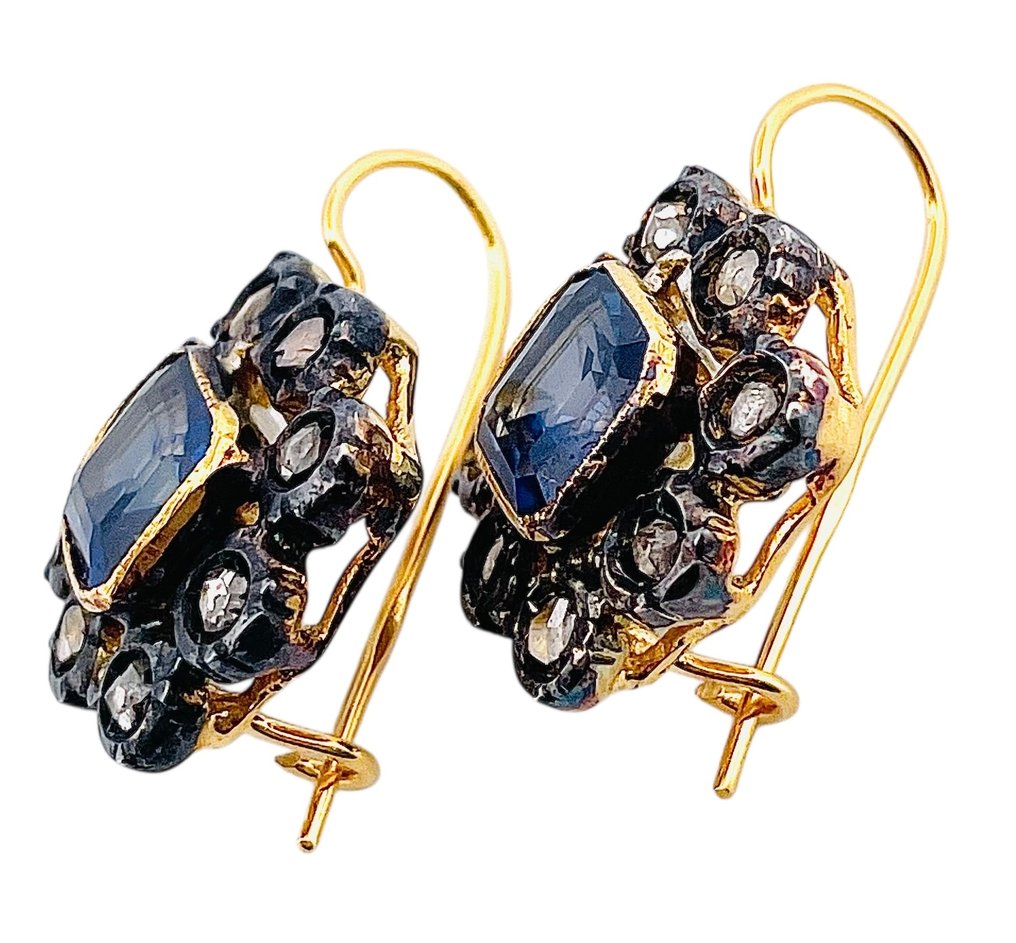 Nincs minimálár - Drop fülbevaló - 9 Kt Sárga arany, Ezüst Zafír - Gyémánt #3.2