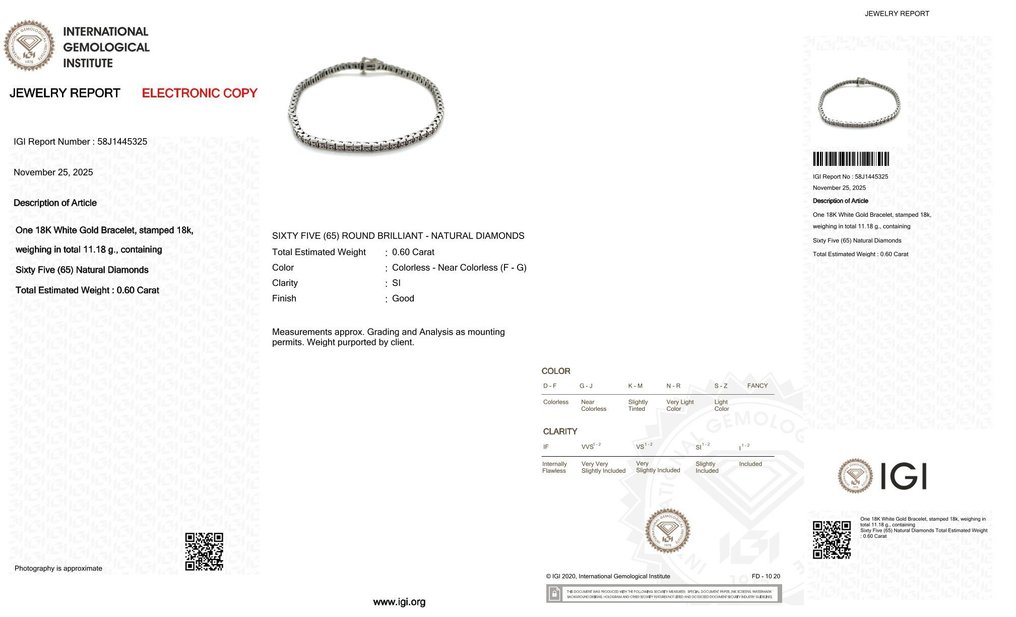 Βραχιόλι τένις - 18 καράτια Λευκός χρυσός - 0.60ct. tw. Διαμάντι (Φυσικό) - YKJ0012 #1.0