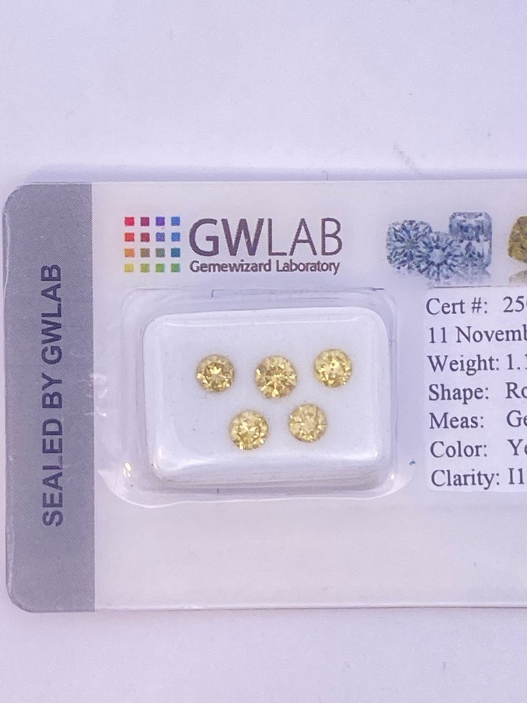 χωρίς τιμή ασφαλείας - 5 pcs Διαμάντι (Επεξεργασμένου χρώματος) - 1.10 ct - Στρογγυλό Κίτρινο - I1 - Gemewizard Gemological Laboratory (GWLab) #1.0