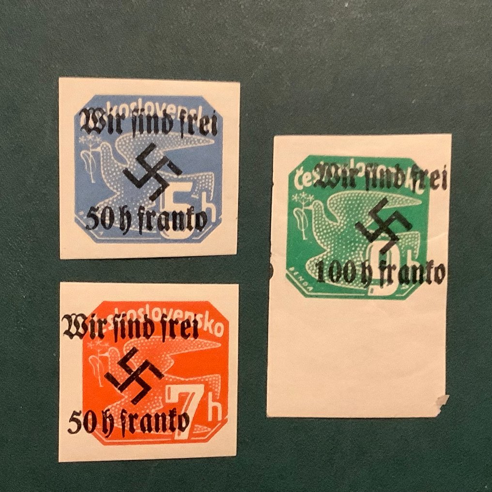 Bohemia and Moravia 1938 - Rumberg: 3 seals of the Peace Dove type with 'We are free' print. - Michel #1.0