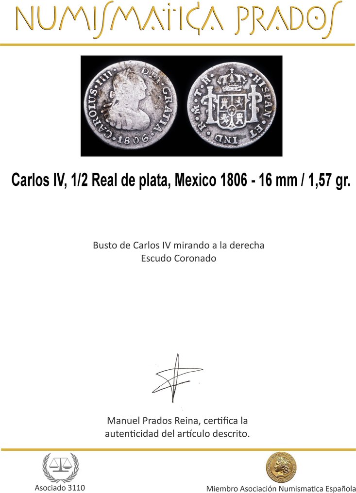 Kongeriget Spanien. Carlos IV. Medio Real Mexico 1806  (Ingen mindstepris) #1.0