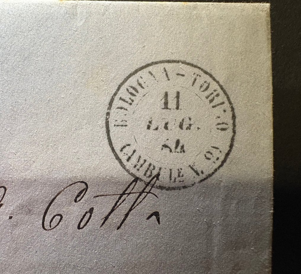 意大利王国 1864 - 1864年王国15美分DHL邮戳流动邮戳，博洛尼亚-都灵线路编号2，点数12，非常罕见。 #2.1