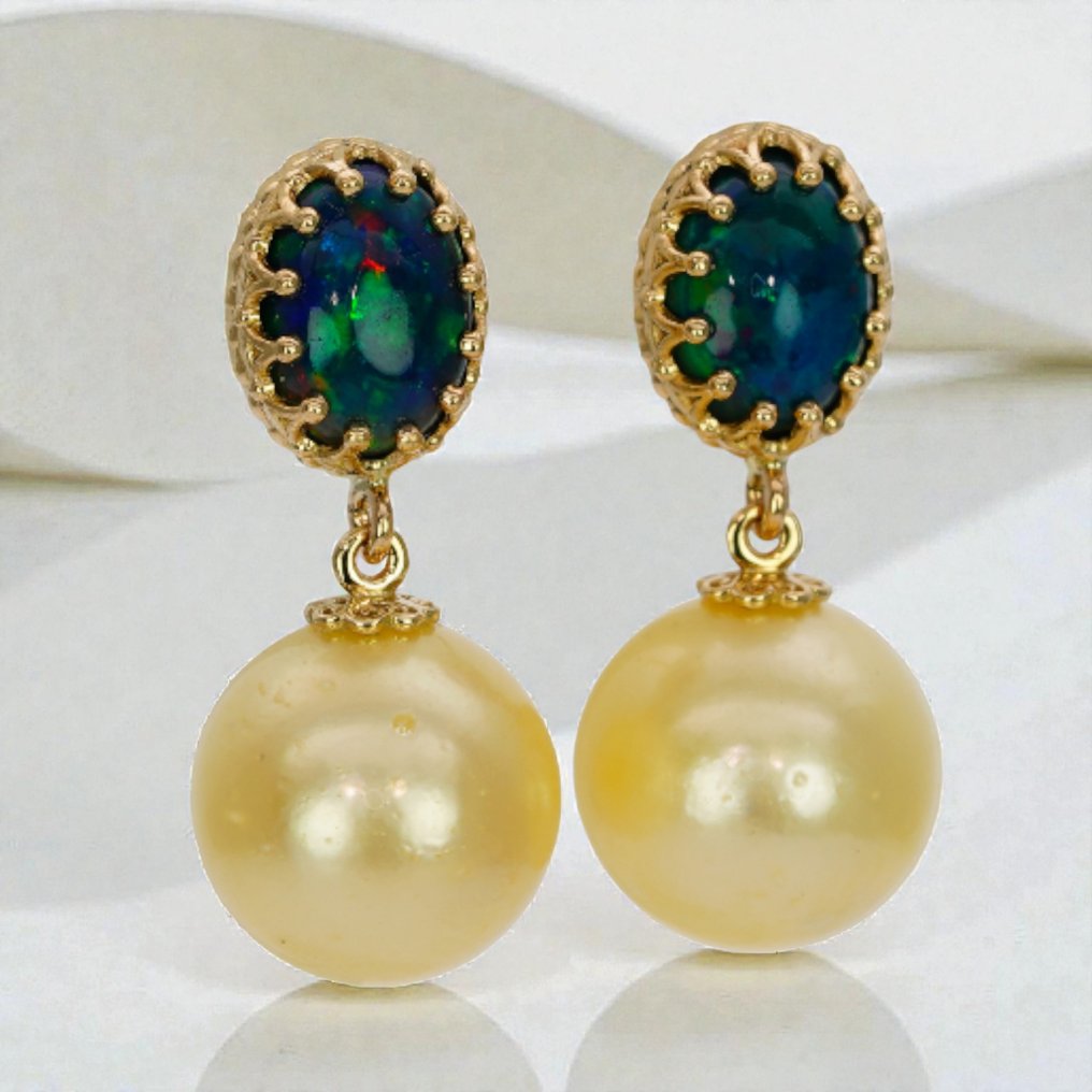 χωρίς τιμή ασφαλείας - Σκουλαρίκια - 14 καράτια Κίτρινο χρυσό - 1.65ct. tw. Οπάλιο - Μαργαριτάρι - Μαύροι οπάλοι & SSP #4.3