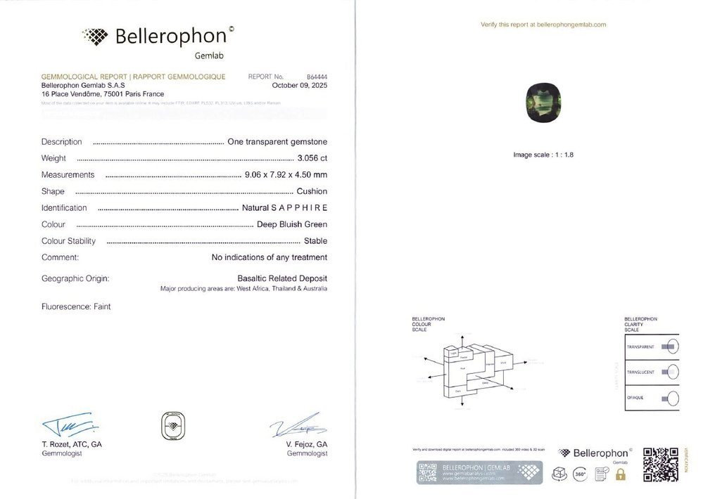 Sans prix de réserve Saphir - 3.05 ct - Bellerophon Gemlab - Vert bluâtre profond #4.3
