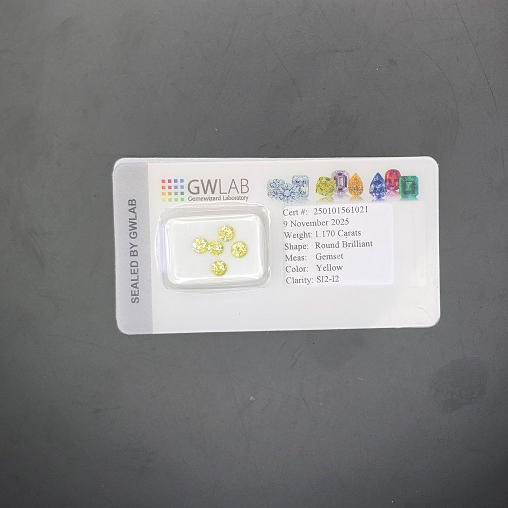 Sin precio de reserva - 5 pcs Diamante (Color tratado) - 1.17 ct - Redondo Amarillo - SI2, I2 - Gemewizard Gemological Laboratory (GWLab) #1.0
