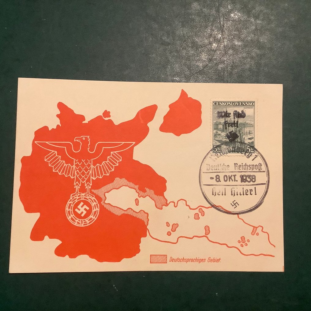 Bohemia ja Moravia 1938 - Reichenberg: 5 Kz Prahan kaupunkikuva propagandakartassa, jossa on teksti 'wir sind frei'. - Michel 91 #1.0