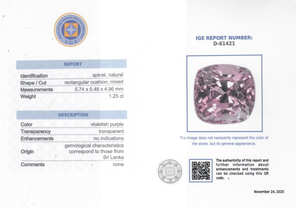 1 pcs  Spinel  - 1.25 ct - Instituto Gemólogico Español (IGE) - Untreated #2.1
