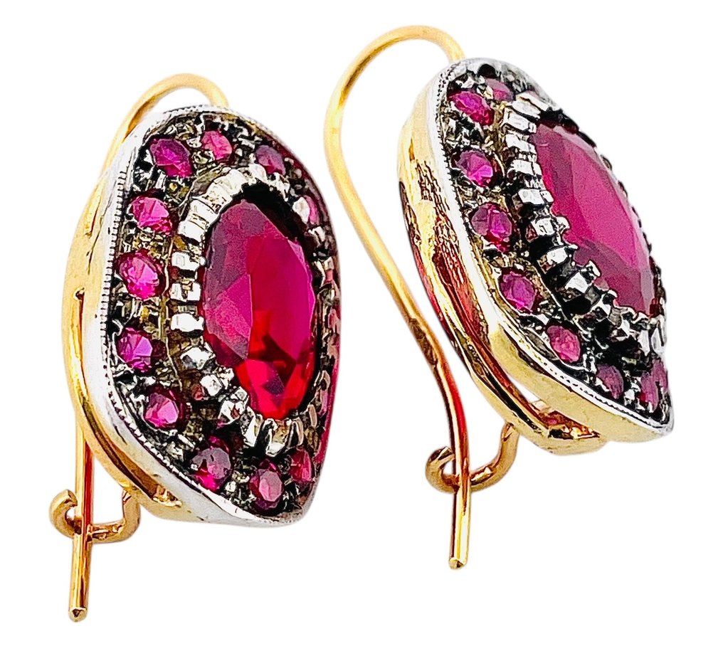 没有保留价 - 耳环 - 9 kt. 黄金, 银 红宝石 - 红宝石 #3.2