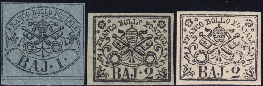 Αρχαία ιταλικά κράτη - Παπικό κράτος 1852 - I^ Em. 1 b. + 2 b. x 2 διαφορετικές τίντες Sass 2B+3+3A μεγάλα άθικτα περιθώρια MNH** Cert.Bolaffi #1.0