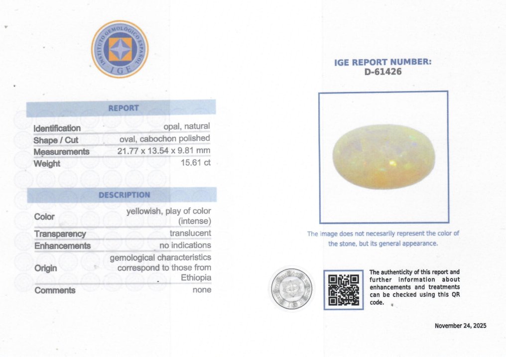 Opal  - 15.61 ct - Instituto Gemólogico Español (IGE) - Intense Color Play #2.1