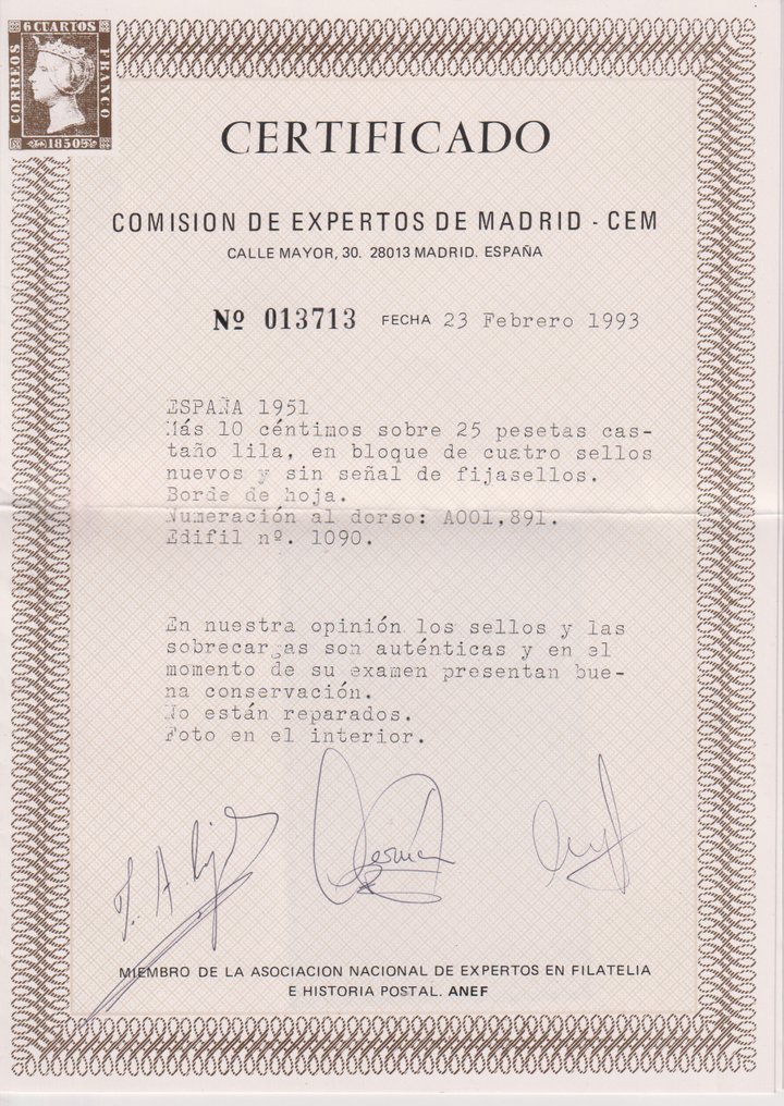 西班牙 1951 - Caudillo 到加那利群岛-非常专注- CEM 证书 - Edifil nº 1090 #2.1