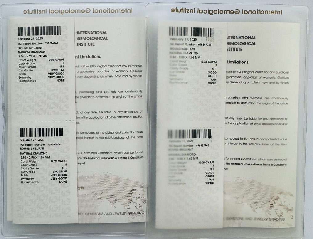 No Reserve Price - 2 pcs Diamond  (Natural)  - 0.17 ct - Round - E, F - SI1 - International Gemological Institute (IGI) - *Pair* #4.3