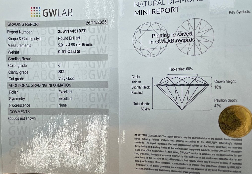 No Reserve Price - 1 pcs Diamond  (Natural)  - 0.51 ct - Round - J - SI2 - Gemewizard Gemological Laboratory (GWLab) #2.1