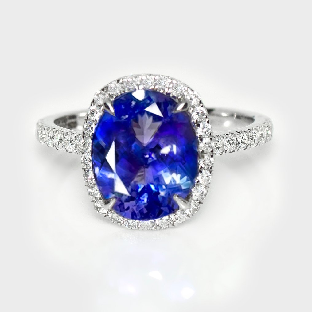 没有保留价 - 戒指 - 14K包金 白金, HRD 3.05 克拉 强烈蓝色 -  3.54ct. tw. 坦桑石 - 钻石 #1.0