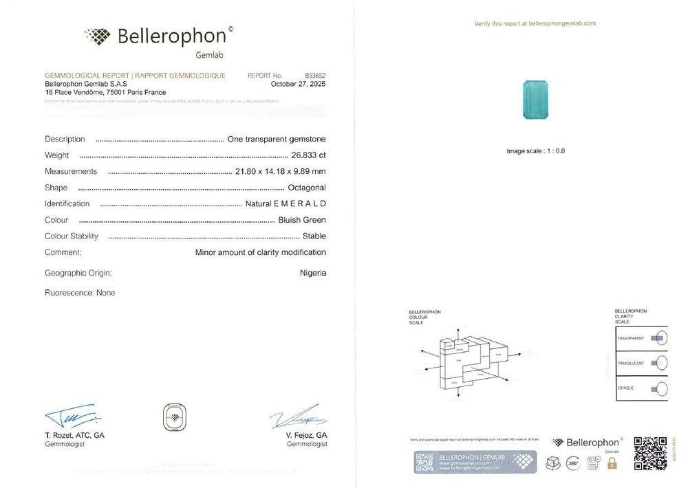 Ingen mindstepris Smaragd - 26.83 ct - Bellerophon Gemlab - Blågrøn (Nigeria) #4.3