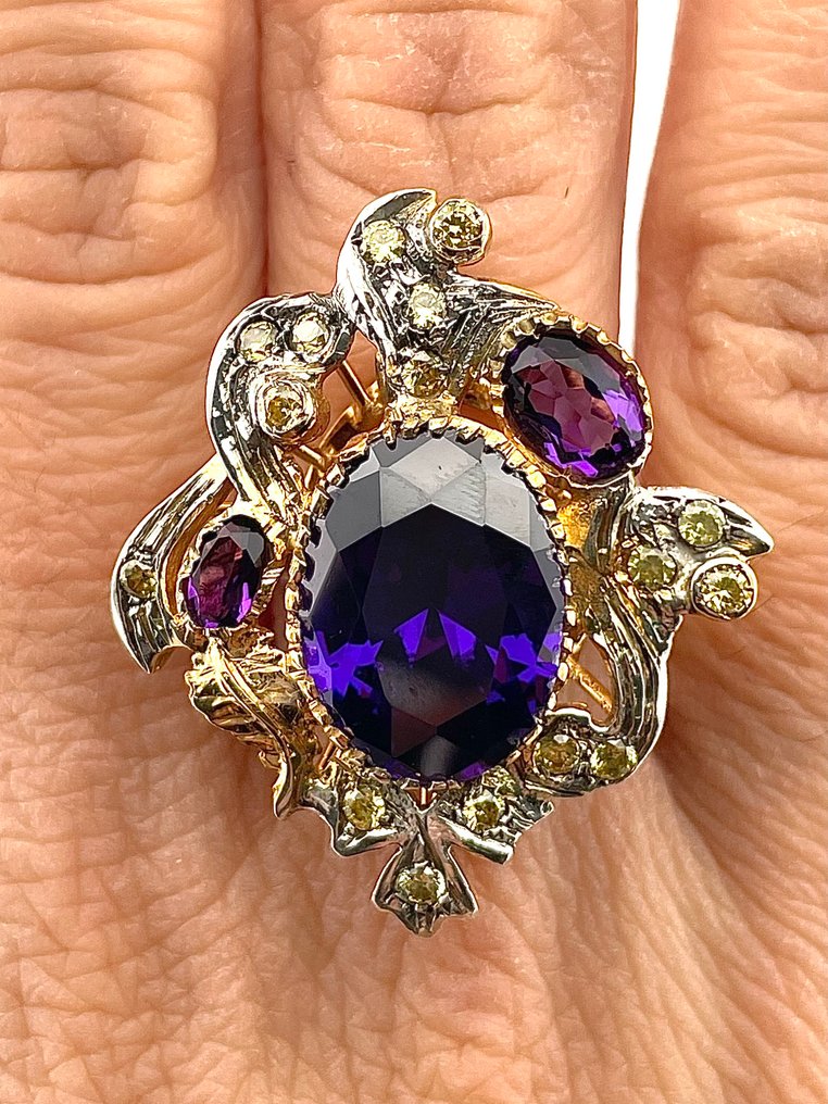 没有保留价 - 戒指 - 9 kt. 黄金, 银 紫水晶 - 石英 #2.1