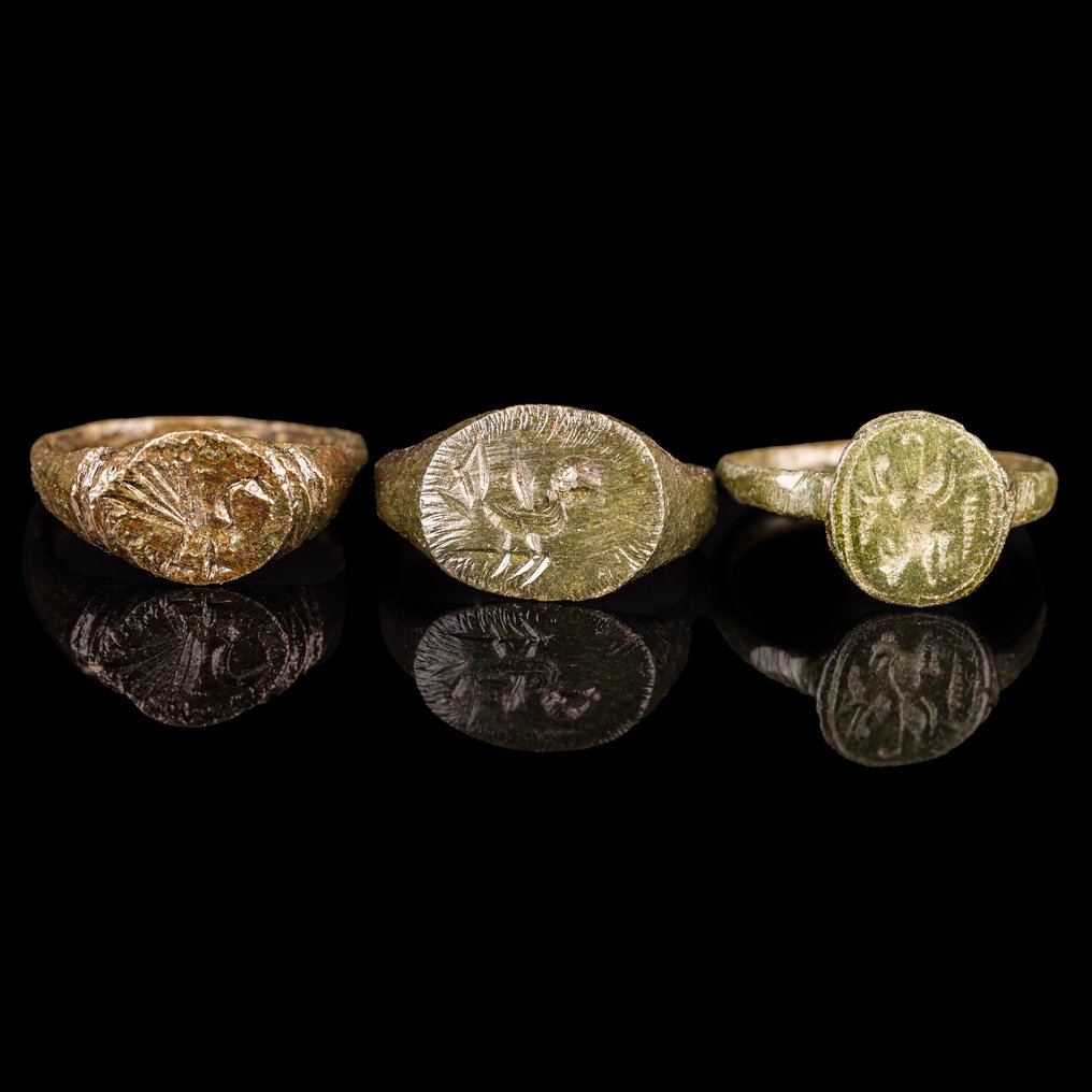 Μεσαιωνική Ευρώπη Ομάδα τριών χάλκινων δακτυλιδιών σφραγίδας με πουλιά.  (χωρίς τιμή ασφαλείας) #1.0