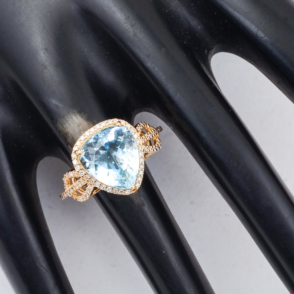 没有保留价 - 戒指 - 14K包金 黄金 -  3.06ct. tw. 海蓝宝石 - 钻石 #1.0