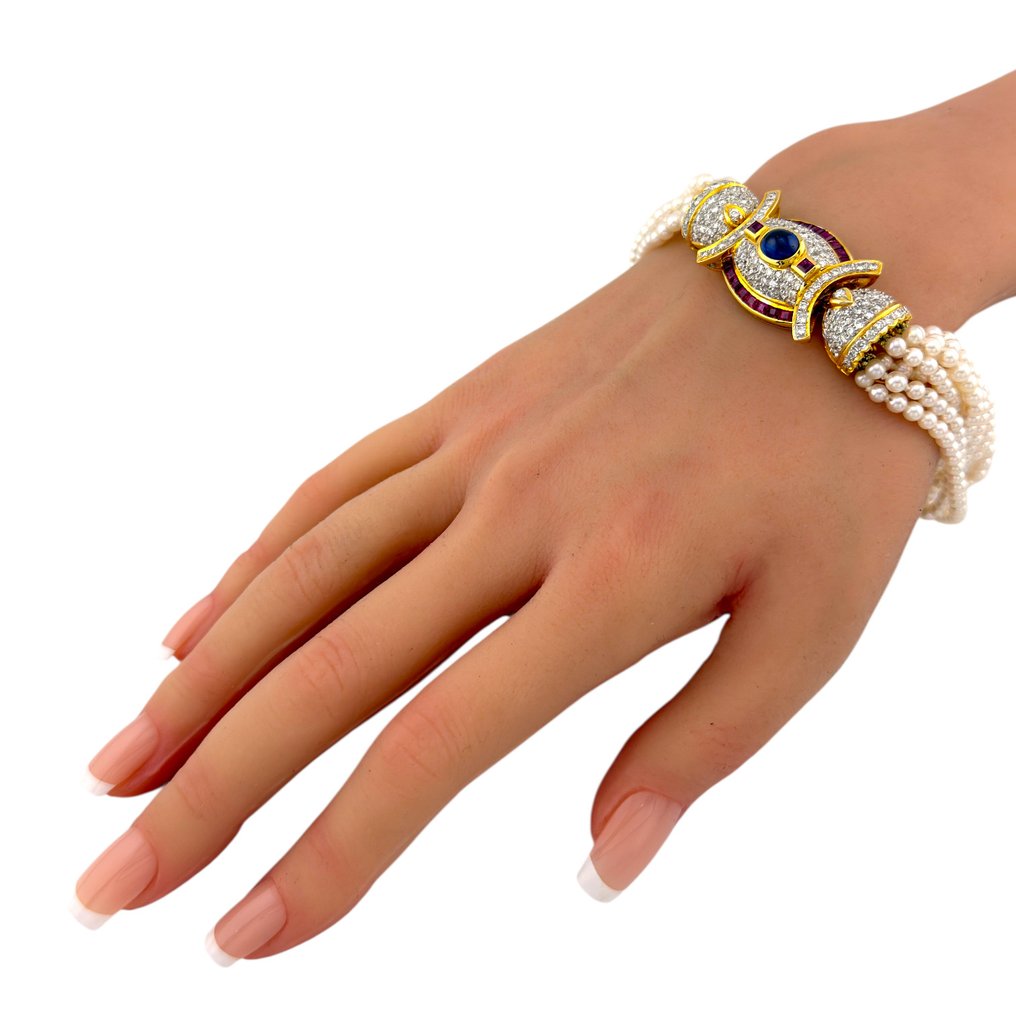 2-osainen korusetti - 18 kt. Keltakulta, Eksklusiivinen 18K keltakultainen helmirannekoru, 9,60 ct timantteja, 2,40 ct rubiineja ja 2,50 ct - 14.50ct. tw. Timantti (Luonnollinen) - Rubiini #3.2