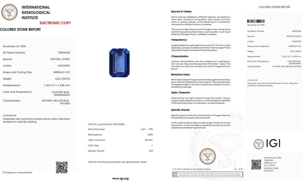 1 pcs Kék, Ibolya Tanzanit - 6.26 ct - Nemzetközi Gemmológiai Intézet (IGI) #4.3