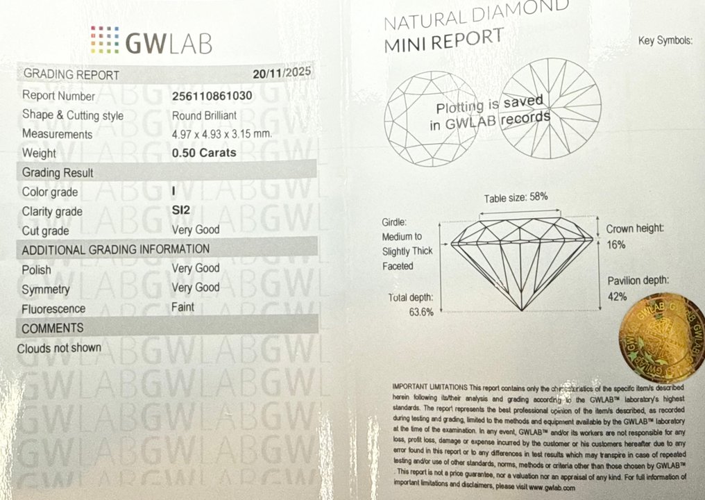 No Reserve Price - 1 pcs Diamond  (Natural)  - 0.50 ct - Round - I - SI2 - Gemewizard Gemological Laboratory (GWLab) #2.1