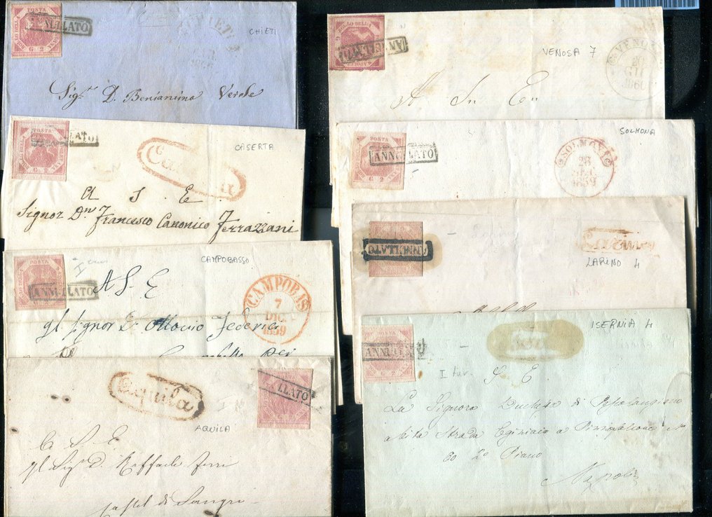 意大利古城邦-那不勒斯 1858 - 8份带有不同盖章的文件。 - Sassone 5, 5e, 5v, 7. #1.0