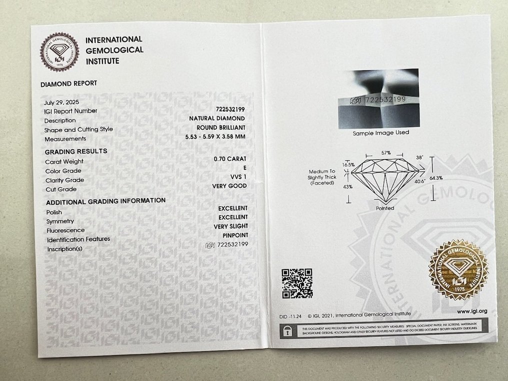 1 pcs 钻石 (天然) - 0.70 ct - 圆形 - E - VVS1 极轻微内含一级 - 国际宝石研究院(IGI) #2.1