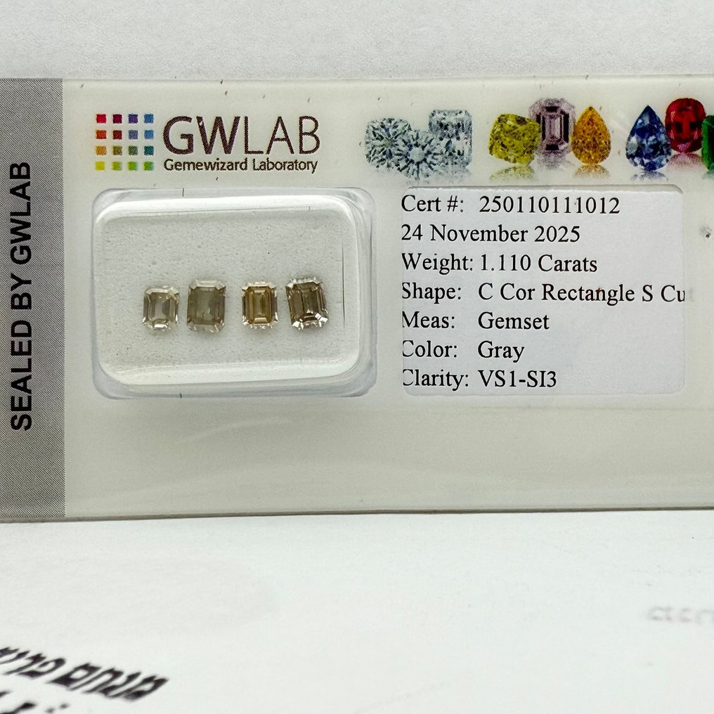没有保留价 - 4 pcs 钻石  (天然色彩的)  - 1.11 ct - 矩形 灰色 - VS1 轻微内含一级, SI2 微内三含级, SI1 微内含一级, SI2 微内含二级 - Gemewizard宝石实验室（GWLab） #4.3