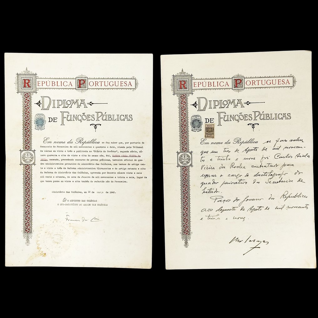 Portugal - Document - Historic Portuguese Documents: 2 Public Service Diplomas with Stamp - 1939 #1.0