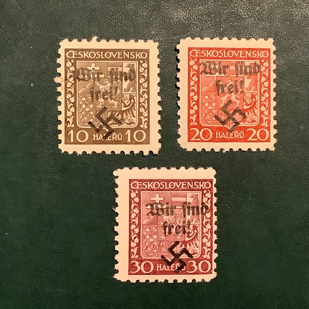 波希米亚和摩拉维亚 1938 - Rumberg：三个徽章盾牌，印有‘我们是自由的’的印刷。 - Michel #1.0