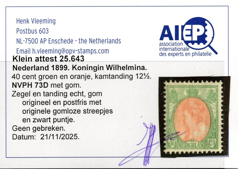 荷兰 1899 - 威廉娜女王‘毛皮领’ - 全球免费配送* - NVPH 73D #2.1