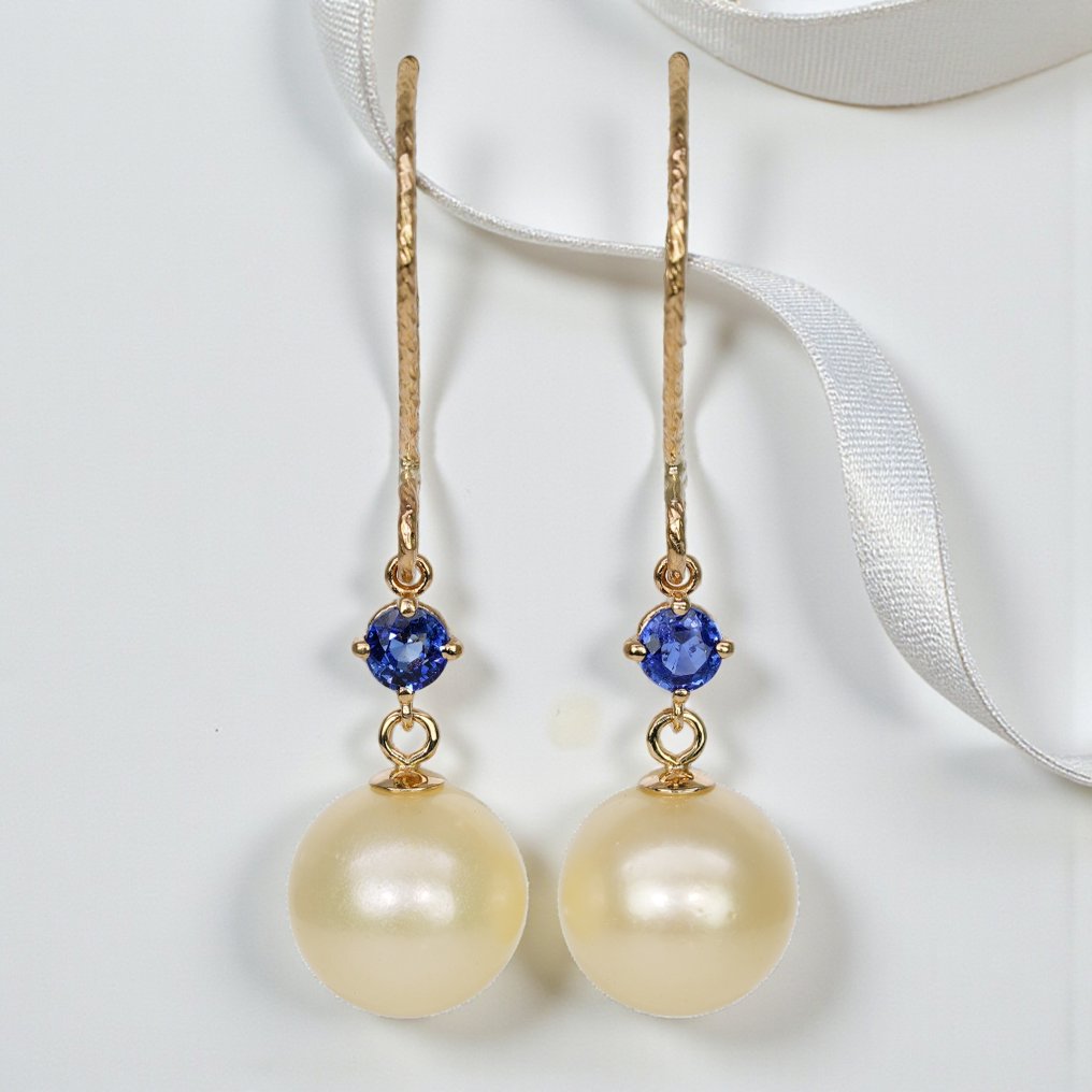 沒有保留價 - 耳環 - 14 克拉 黃金 藍寶石 - 珍珠 - 蓝宝石与SSP #1.0