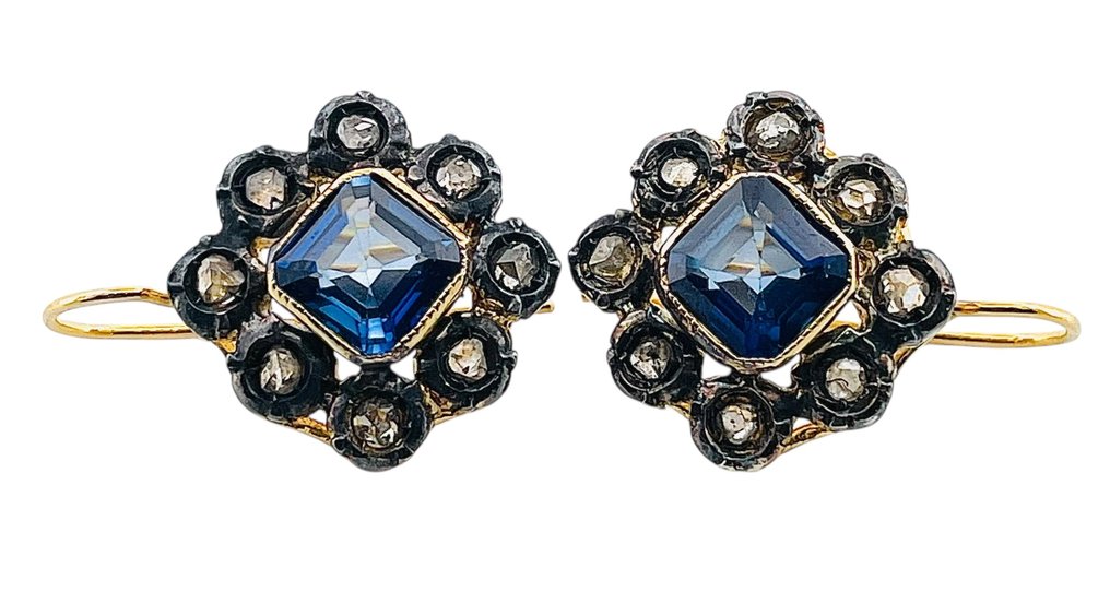 Nincs minimálár - Drop fülbevaló - 9 Kt Sárga arany, Ezüst Zafír - Gyémánt #1.0