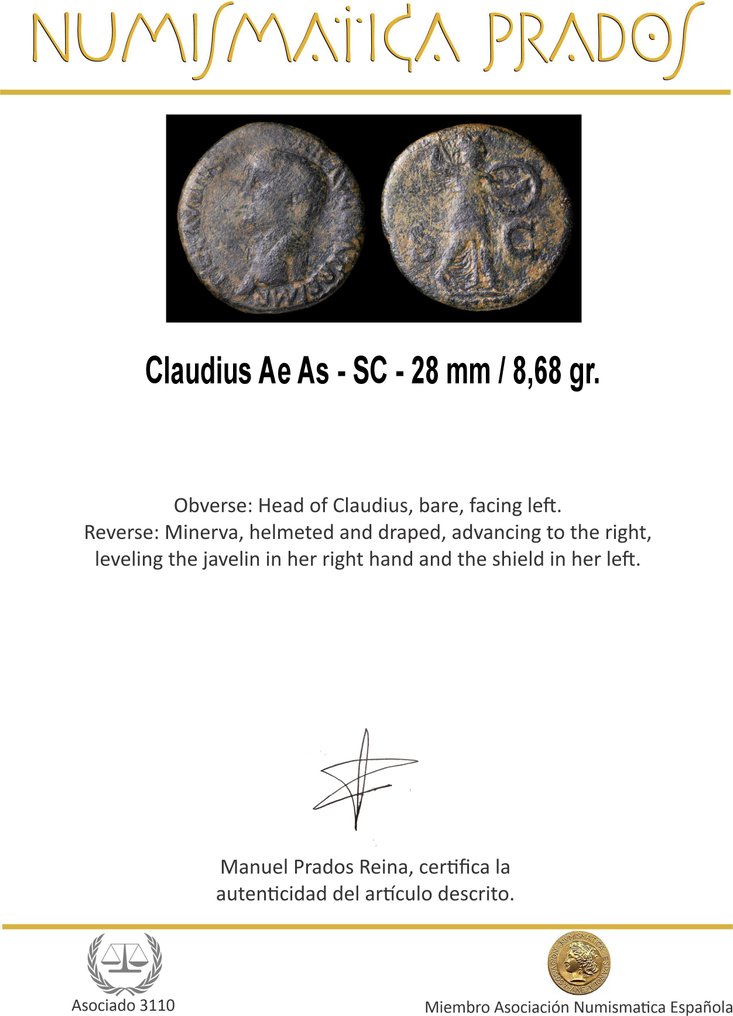 Imperio romano. Claudio (41-54 e. c.). As Minerva (Sin precio de reserva) #1.0