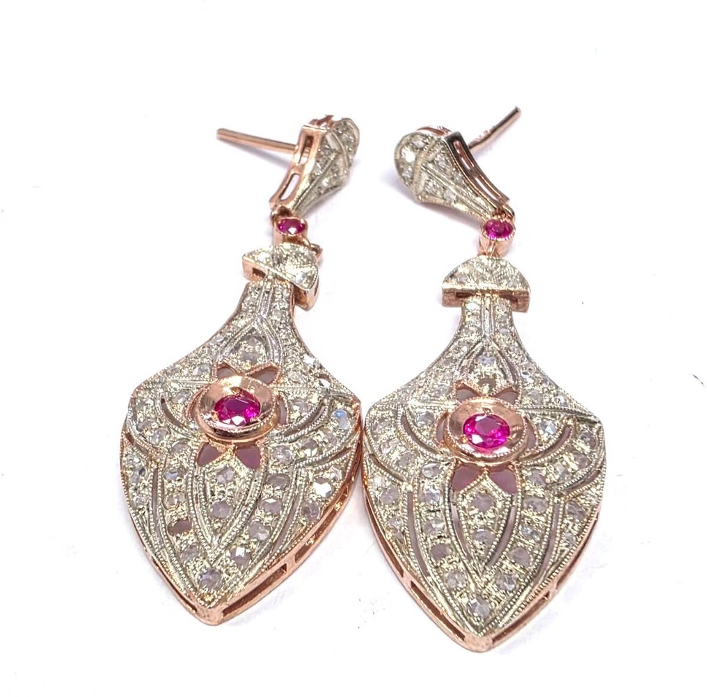 没有保留价 - 耳环 - 9 kt. 玫瑰金, 银 红宝石 - 钻石 #1.0