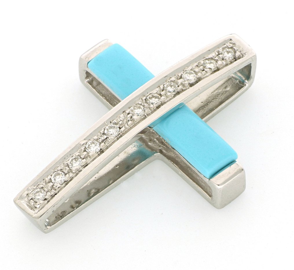 χωρίς τιμή ασφαλείας - Κρεμαστό κόσμημα - 18 καράτια Λευκός χρυσός -  0.22ct. tw. Διαμάντι (Φυσικό)  - Τυρκουάζ #4.3