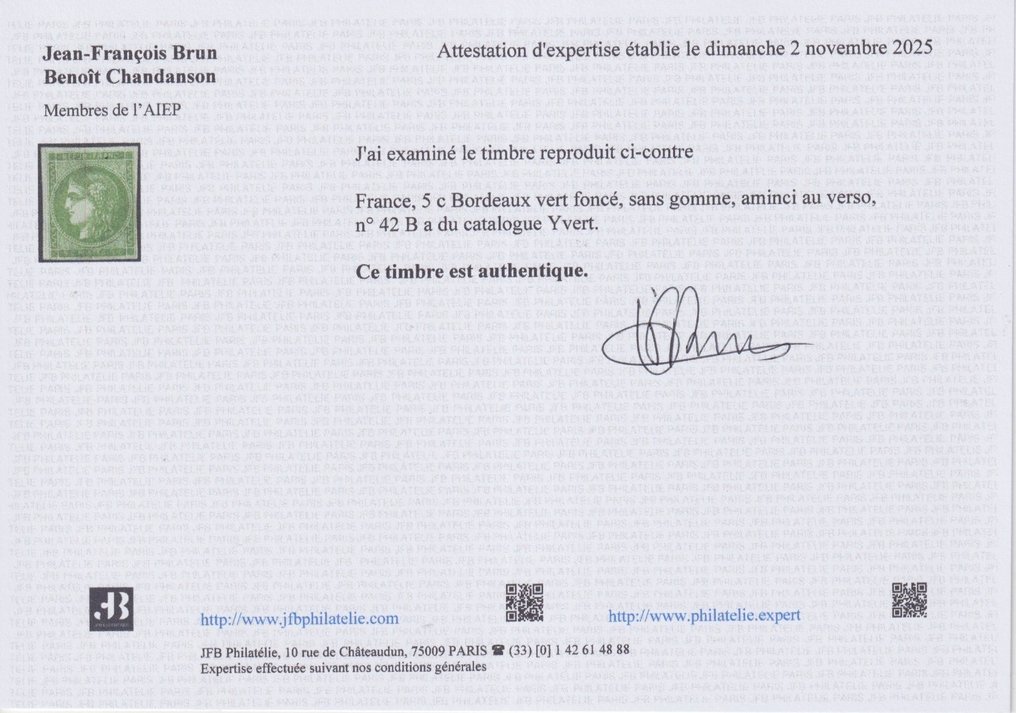 法國 1870 - 波尔多 N° 42Ba，深绿色-黄色，全新无胶，由 JFB Philatélie 认证。 - Yvert #2.1